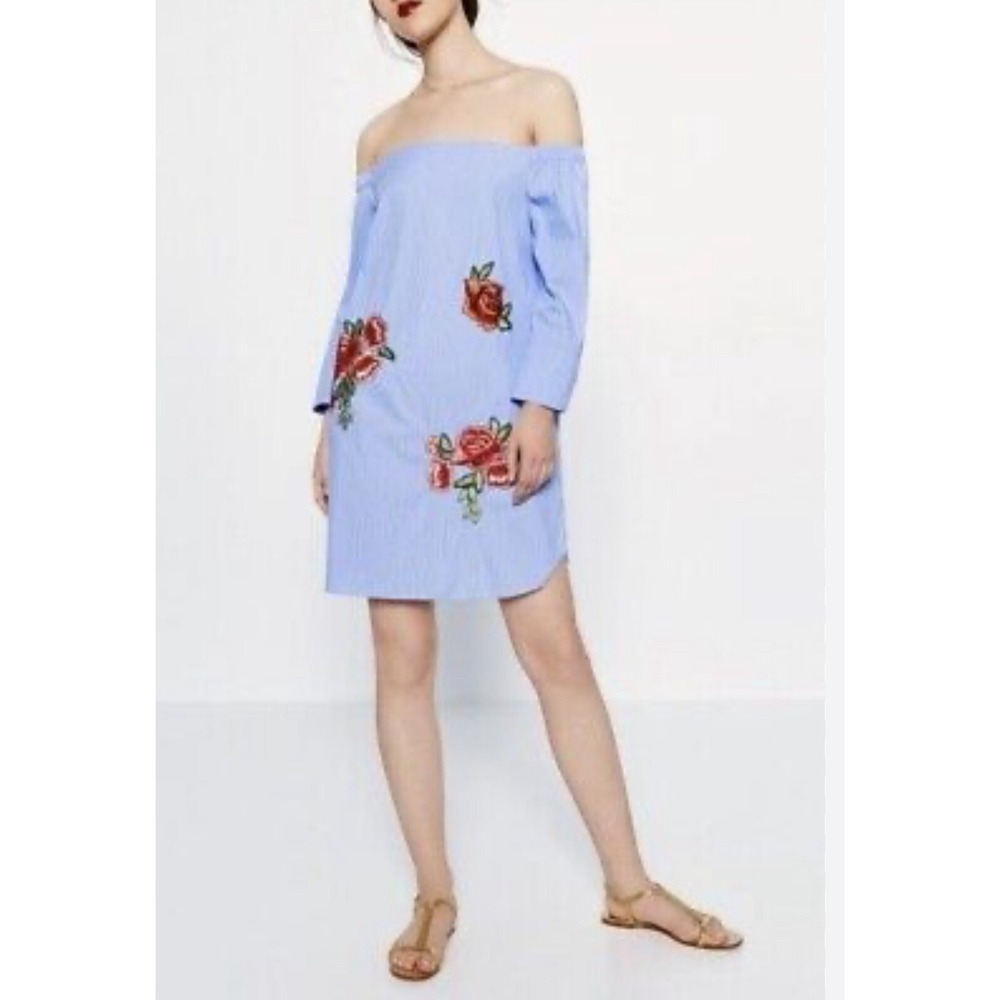 Zara Bardot blue and white stripe shirt dress with embroidered roses Size XS